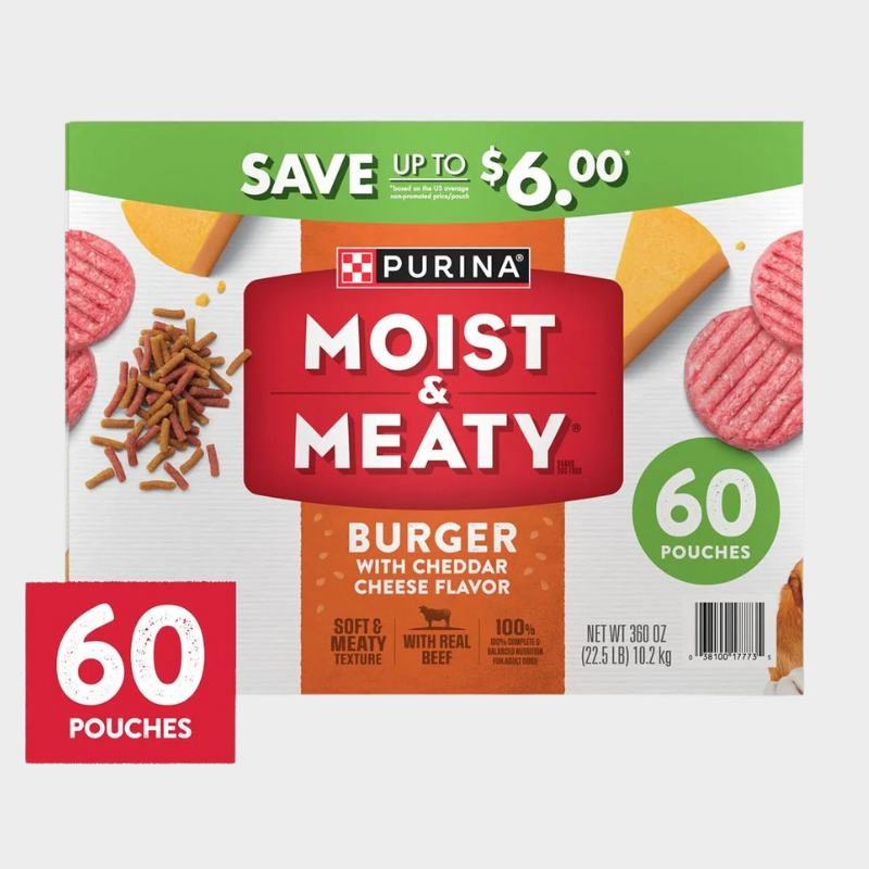 Purina Moist & Meaty Burger with Cheddar Cheese Flavor, Adult Dog Food, 6 oz., 60 ct.