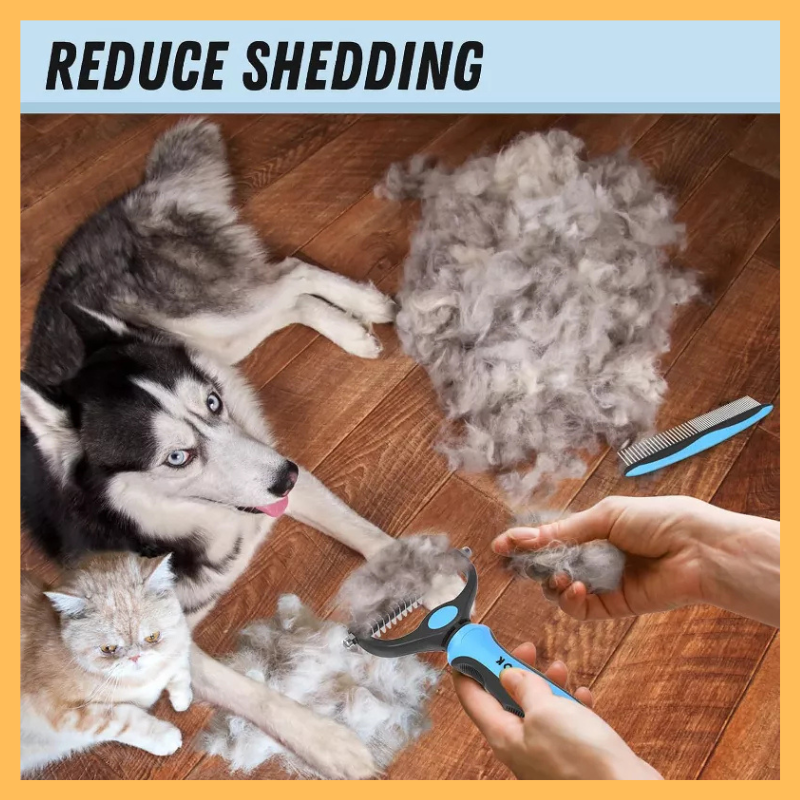 Pet Grooming Combo - Deshedding Brush with Metal Comb for Detangling and Dematting
