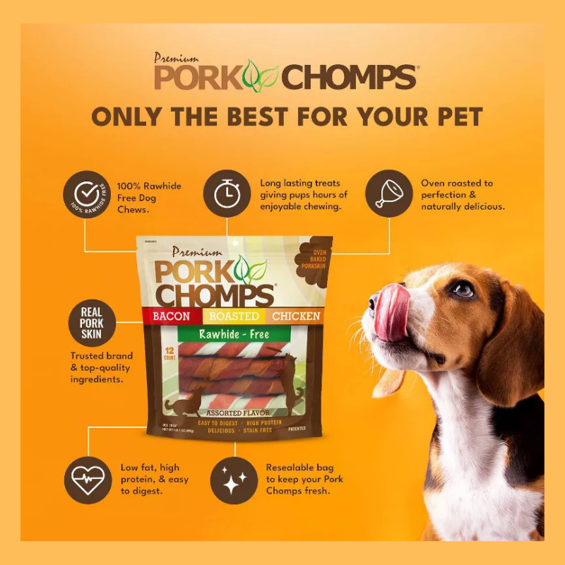 Pork Chomps Assorted Flavors Twist Chewy Treats Dog Treats - 17oz/12ct