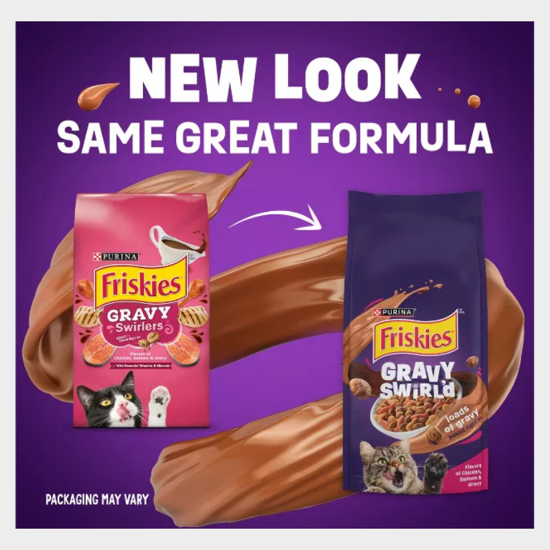 Purina Friskies Gravy Swirlers with Flavors of Chicken, Salmon & Gravy Adult Complete & Balanced Dry Cat Food