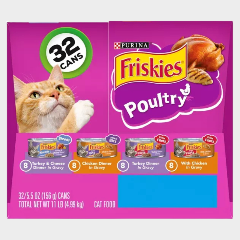 Purina Friskies Shreds, Meaty Bits & Prime Filets with Chicken, Turkey and Cheese Flavor Wet Cat Food - 5.5oz/32ct Variety Pack