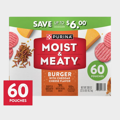 Purina Moist & Meaty Burger with Cheddar Cheese Flavor, Adult Dog Food, 6 oz., 60 ct.