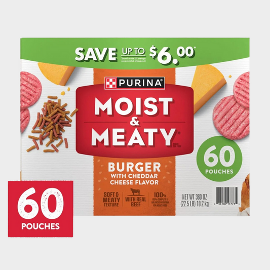 Purina Moist & Meaty Burger with Cheddar Cheese Flavor, Adult Dog Food, 6 oz., 60 ct.