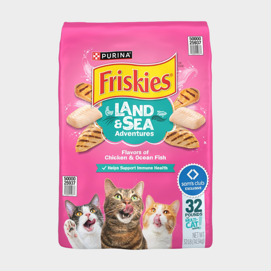 Friskies Land & Sea Adventures, Chickn and Ocean Fish Flavored, Adult Dry Cat Food, 32 lbs.