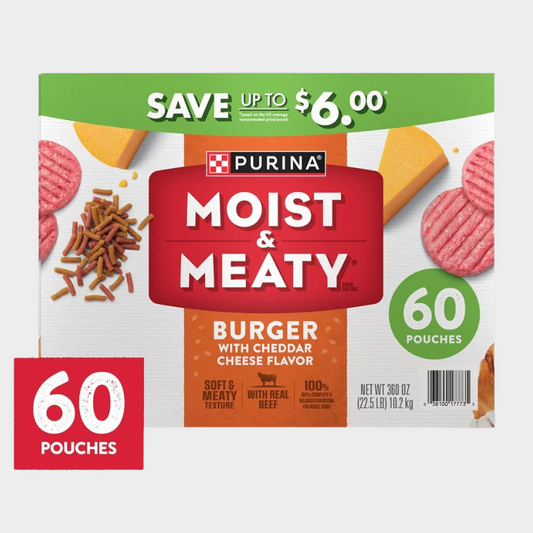 Purina Moist & Meaty Burger with Cheddar Cheese Flavor, Adult Dog Food, 6 oz., 60