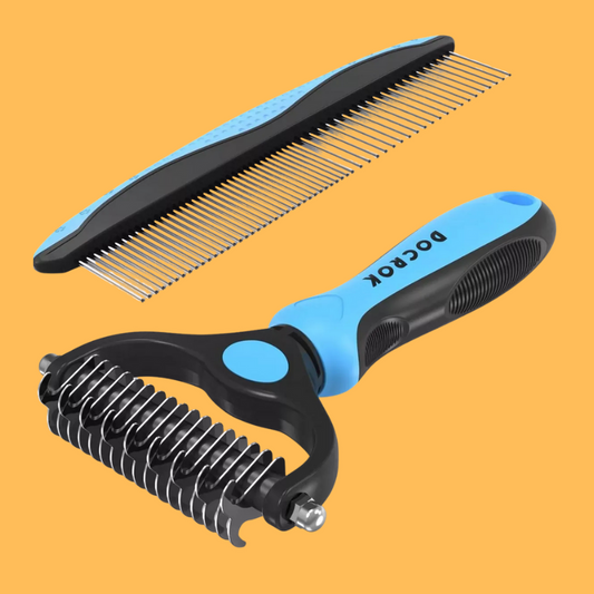 Pet Grooming Combo - Deshedding Brush with Metal Comb for Detangling and Dematting