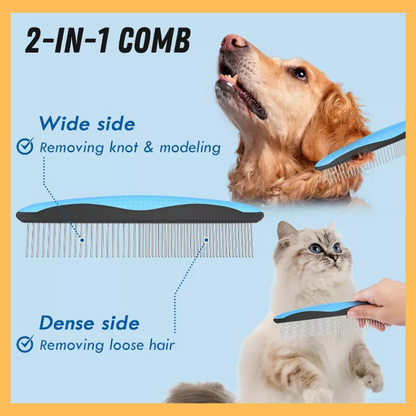 Pet Grooming Combo - Deshedding Brush with Metal Comb for Detangling and Dematting