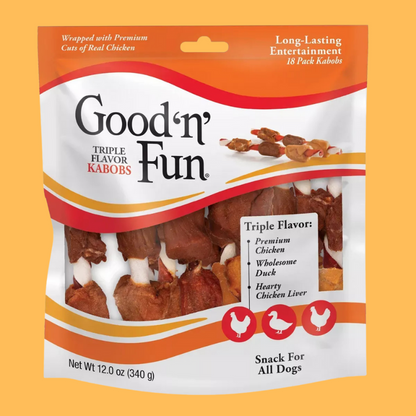 Good 'n' Fun Triple Flavor Kabobs Long Lasting Rawhide with Chicken, Beef and Pork Flavor Dog Treats