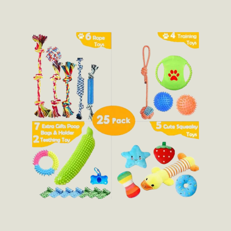 Itopfox Dog Toys 25 Pack for Fun and Teeth Cleaning, Puppy Chew Toys with Squeak Plush Toy, Squeaky Toy Balls, Tug of War and Rope Toys for Puppy