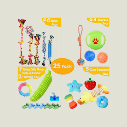 Itopfox Dog Toys 25 Pack for Fun and Teeth Cleaning, Puppy Chew Toys with Squeak Plush Toy, Squeaky Toy Balls, Tug of War and Rope Toys for Puppy