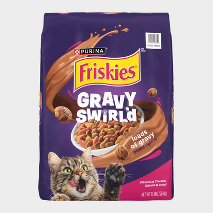 Purina Friskies Gravy Swirlers with Flavors of Chicken, Salmon & Gravy Adult Complete & Balanced Dry Cat Food