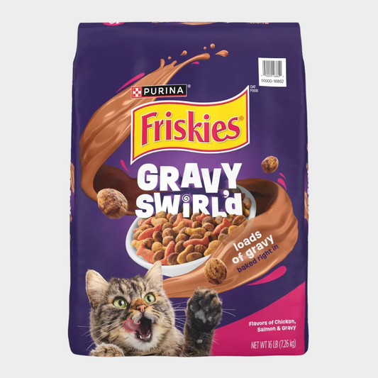Purina Friskies Gravy Swirlers with Flavors of Chicken, Salmon & Gravy Adult Complete & Balanced Dry Cat Food