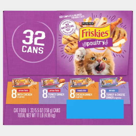 Purina Friskies Shreds, Meaty Bits & Prime Filets with Chicken, Turkey and Cheese Flavor Wet Cat Food - 5.5oz/32ct Variety Pack